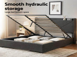 Artiss Double Bed Frame Gas Lift Storage Bed with Charging Ports Upholstered Geometric Headboard BFRAME-G-MORFEI-D-BK-ABC