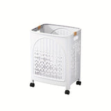 A wheeled foldable plastic laundry basket, suitable for dirty clothesnd easy to move. It features V1106-XYL001