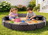 Kids Outdoor Sandpit Toys Sandbox 121cm Round Brown 3 Seats Cover Liner SAND-PE-CCL-BR