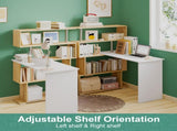 Adjustable Computer Desk with Storage Shelving in White Jointed Oak, 131x86x106cm LSB-59309