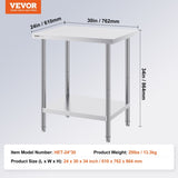 Stainless Steel Prep Table, 24 x 30 x 34 Inch, Heavy Duty Metal Worktable with 3 Adjustable Height V952-CFBXGGZTLCWJX36QKV0