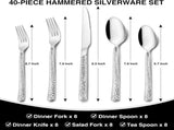 Hammered Silverware Set, 40-Piece Stainless Steel Square Flatware Set for 8, Food-Grade Tableware V1258-DP02-C-44