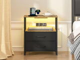 Black and Brown Nightstand with LED Light, Charging Station, and Storage - 60x40cm LSB-59300