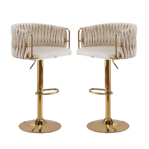 2x Height Adjustable Ivory Swivel Bar Stool Velvet Golden Round Base Barstools Chairs V255-GP1782R-WH