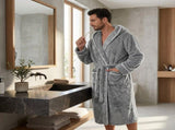 Men's Plush Fleece Hooded Bathrobe Grey XL Size Shawl Collar Dressing Gown - Thick Warm Soft Winter V888-ELOSUNG54501