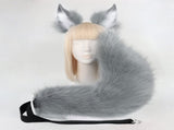 Grey Plush Faux Fur Fox Ears Headband and Tail Set - Realistic Animal Costume for Cosplay & Parties V888-ELOSUNG33558