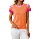 Women's Short Sleeve Color Block Tops Crewneck Pullover Sweater Knit Clothes Top for Casual Beach V1366-AZ2-W-14491