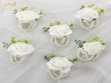 White Ivory Rose Wrist Corsage, Set of 6, Wedding Bridal Flower Corsage Hand Decor for Prom Party V1258-DP02-WO-561