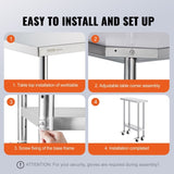 Stainless Steel Work Table 30 x 12 x 38 Inch, with 4 Wheels, 3 Adjustable Height Levels, Heavy Duty V952-CFBXGGZTLCDJEZMQSV0
