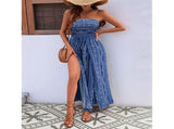 Women'S Tube Jumpsuits Boho Print Loose Sleeveless Smocked Rompers Wide Leg Long Slit Khaki XL V1370-AZ4-10420