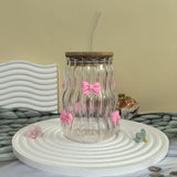 Cute Big Belly Glass Tumbler With Wooden Lid And Reusable Straw Bow Decor Ribbed Household Drinking V1369-AZ3-W-14899
