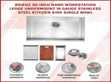 BRIENZ 32-inch Nano Workstation Ledge Undermount 16 Gauge Stainless Steel Kitchen Sink Single Bowl V63-836481
