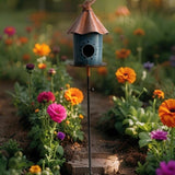 Birdhouse w Perched Bird on Leafy Garden Stake 42cm V637-30408BRD