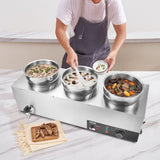 Electric Soup Warmer, Three 7.4QT Stainless Steel Round Pot, 1200W Commercial Food Warmer, 30 - 85&degC V952-BW3374QT1200W47W6V3
