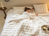 White Luxury Tuscany Fleece Rabbit Fur Bubble Blanket - Double-Sided Thickened Soft Plush Extra V888-ELOSUNG49322