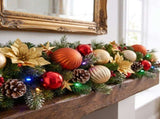Christabelle 2.74m Timeless Elegance Christmas Garland Pre Lit Multi Function LED Gold Red Baub 112_SENTE274