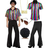 XL size Men's 70s Disco Costume Set - Colorful Plaid shirt with Black Bell Bottom Pants & V888-ELOSUNG56246-12