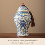 Ru Kiln tea jar, blue-and-white ceramic canister, airtight tea storage, floral tea container, V1102-122-23629-CYN-1