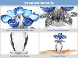 Crystal Blue Rose Flower Figurine with Faceted Vase, Decorative Crystal Rose Bouquet with Metal V1192-AZ-W-18351