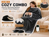 Wearable Electric Heated Blanket with Foot Pocket 127x177cm and Suede Fleece Slippers Set AU 11-12, V888-ELOSUNG54193