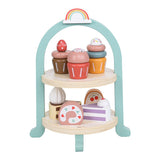 Wooden Cake Toys Tea Party Set, Desserts Food Toy with Cupcake Stand, Kids Pretend Play Kitchen V1192-AZ-W-11550