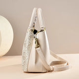 Crane Embroidered Handbag PU leather spliced with gold/silver thread crane pattern, silk scarf bow V1385-CXSTB-WU-1013-008