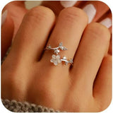 925 Sterling Silver Dainty Camellia Leaf CZs Ring for Women 14K Gold Plated Adjustable Leaves Leaf V1188-CYX-J02-2023