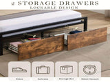 Double Bed Frame with Storage, Industrial Bed with Led Lights Headboard and 2 Drawers, Wooden Bed V1127-AU-2044DB-BRN