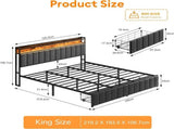 King Bed Frame with 2 Storage Drawers and LED Lights Headboard, Upholstered Bed Frame with Charging V1127-AU-2452KN-GRY