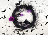 Halloween Rattan Front Door Wreath, 45 x 35 cm with LED Lights, Roses and Flowers, Reusable Hanging V1366-AZ2-W-16042