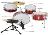 Karrera Mini 4-Piece Children Drum Kit Set Wooden with 2 Toms Bass Pedal Snare Stool Metallic R 4PC-DRUM-RD
