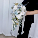 Wedding Bouquets for Bride Artificial Silk Rose Bouquets, Champagne Grey Blue Cascading Floral V1366-AZ2-W-21074