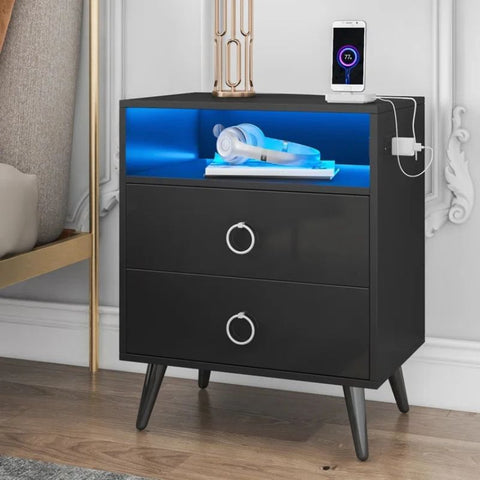 Amelia Modern LED Bedside table with USB and power socket Black V195-NT-023-BK