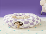 2-in-1 Cat Tunnel Bed Purple Daisy 80cm - Plush Donut Pet Cave & Play Tube - Detachable Washable V888-ELOSUNG41375