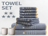 8-Piece Grey Luxury Coral Fleece Bath Towel Set - Gold Star Embroidery Ultra Absorbent Soft Plush V888-ELOSUNG55370