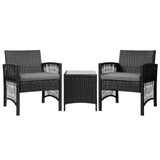 Gardeon 3PC Outdoor Bistro Set Patio Furniture Wicker Dining Chairs Table Cushion Black ODF-BISTRO-HARPSET-J-BK