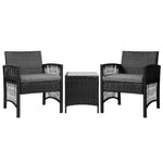 Gardeon 3PC Outdoor Bistro Set Patio Furniture Wicker Dining Chairs Table Cushion Black ODF-BISTRO-HARPSET-J-BK