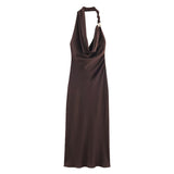 L Elegant Halter Neck Satin Midi Dress - Sexy Asymmetric Draped Evening Gown with Metal Hardware V888-ELOSUNG46260