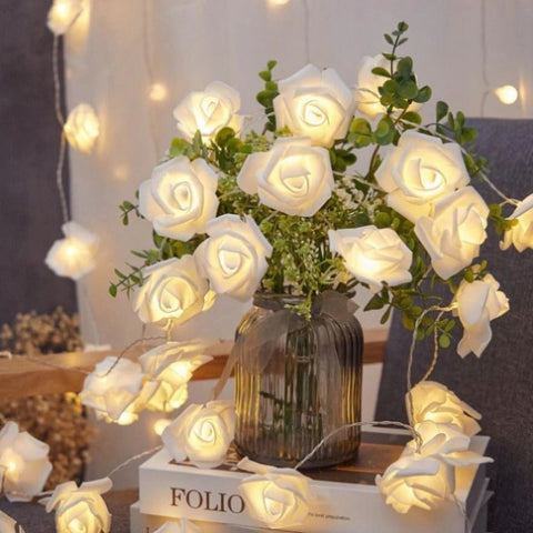50 White Rose 3D Fairy Lights 5M LONG String, Battery Indoor & Outdoor Decorations Wedding V382-WHITEROSEBATT50