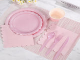 7-Piece Pink Scalloped Party Tableware Set with Floral Wavy Edges Elegant Disposable Paper Plates V888-ELOSUNG49996