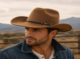 Western Cowboy Hat - Brown Wide Brim Cowboy Hat with Leather-Look Band, Metal Rivet and Square V888-ELOSUNG57114-4
