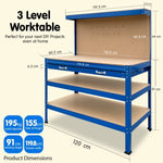 3-Layered Work Bench Garage Storage Table Tool Shop Shelf Blue TBL-3LY-WH-BU