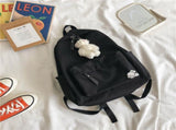 Aesthetic Black School Backpack with Cute Bear Plushie and Pin Large Capacity Nylon Laptop Daypack V888-ELOSUNG41093