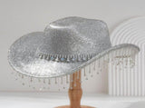 Silver Rhinestone Fringe Cowboy Hat - Sparkling Western Party Hat with Round Gemstone Band and V888-ELOSUNG57115-1