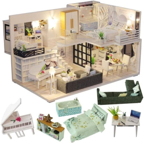 Dollhouse Miniature with Furniture Kit Plus Dust Proof and Music Movement - Happy time V178-13202