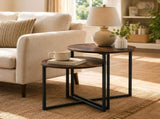 Nesting Side Tables Set of 2, Round End Tables with Rustic Brown Wood Look Top and Black Metal V1338-WAK0060