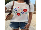Women Summer Crochet Tops Scoop Neck Short Sleeve Pullover Sweater Hollow Out Knit Tops White XL V1192-AZ-W-20825