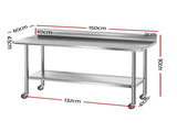 Cefito Stainless Steel Kitchen Bench w/ Splashback 1500x600MM 430 SSKB-430S-WHEEL-59H