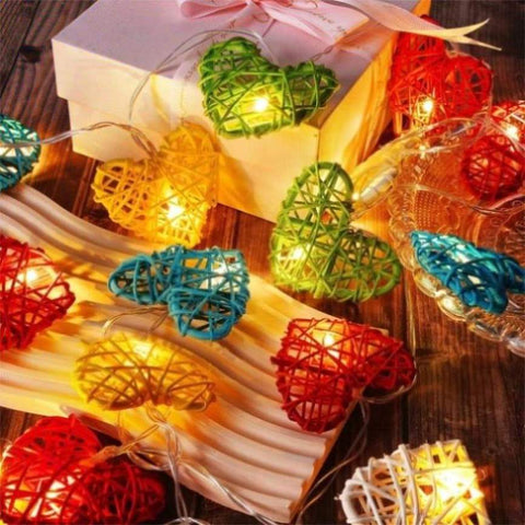 50 Rainbow 3D Hollowed Rattan Heart-Shaped 5M LONG String Fairy Lights, Battery Indoor & V382-RBWHRTRATTBATT50