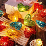 20 Rainbow 3D Hollowed Rattan Heart-Shaped 3M String Fairy Lights, Battery Indoor & Outdoor V382-RBWHRTRATTBATT20